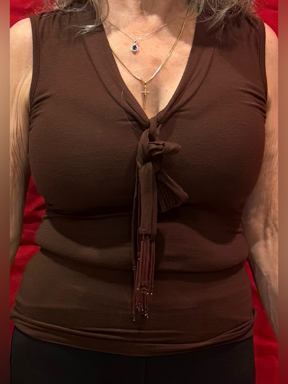 Cache Beaded Brown Sleeveless Tie-Front Women's Top